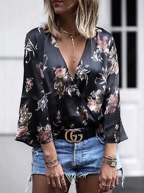 polyester v neck floral printed bell sleeve blouses