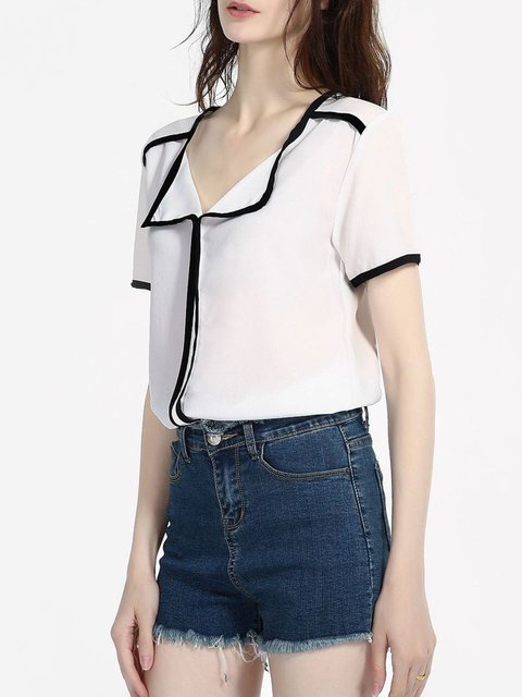 polyester band collar plain short sleeve blouse