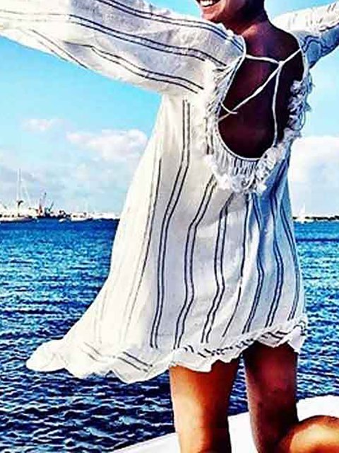 Striped Women White Summer Sleeve Dress Long Swing Cotton 5XXnqwSO