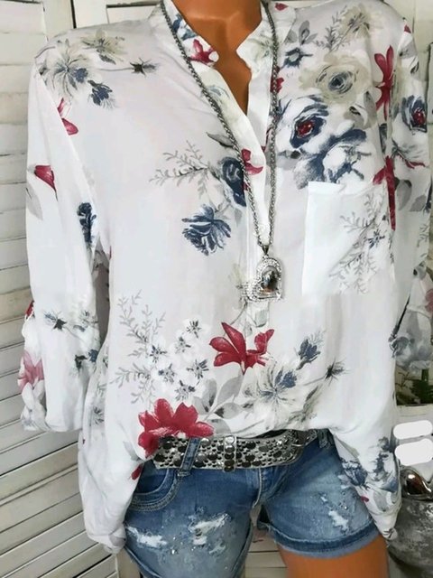 Floral Long Sleeve V neck Cotton Blouse - JustFashionNow.com