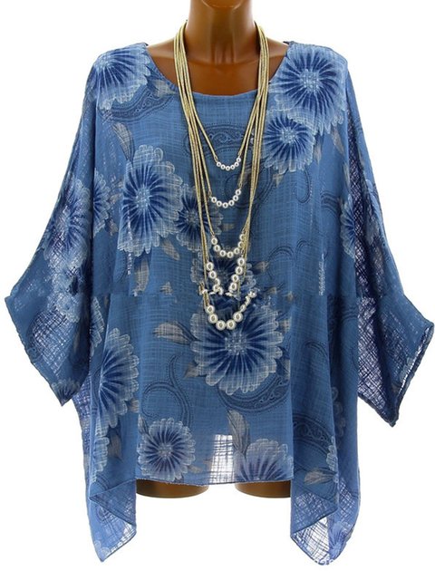 Sleeve Size Neck Printed Crew Dyed Blouse Floral Plus 3 4 1AUq5waPx