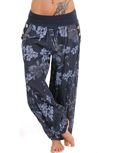 Floral Buttoned Pockets Plus Size Printed/Dyed Pants - JustFashionNow.com