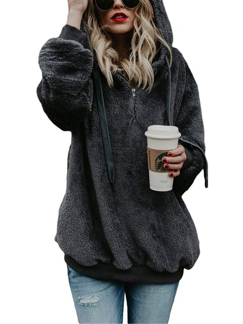 Zipper Long Sleeve Casual Solid Plus Size Teddy Bear Hoody ...