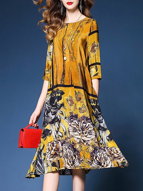 Dress Half Elegant Chiffon Asymmetric Sleeve Yellow Women Floral Shift Rzwnx74U