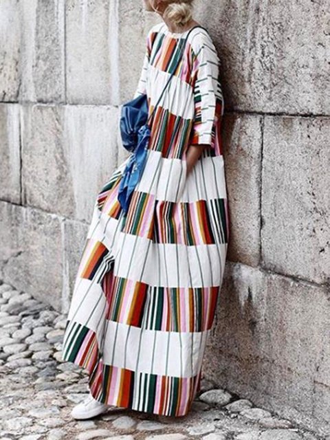 Dress Cotton Daily Women White Fall 3 Casual blend Sleeve 4 Printed qv55Y