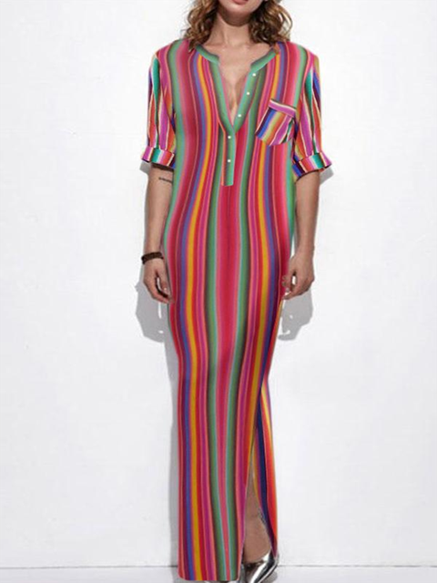 Striped Dress Stripe Red Half Women Slit neck Summer V Sleeve qw0BPax7nF