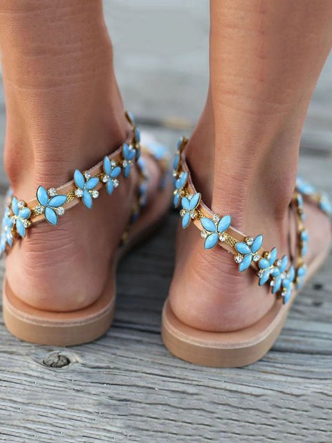 Summer Handmade Cute Beach Flat Sandals PU Rhinestone Slip On Sandals ...