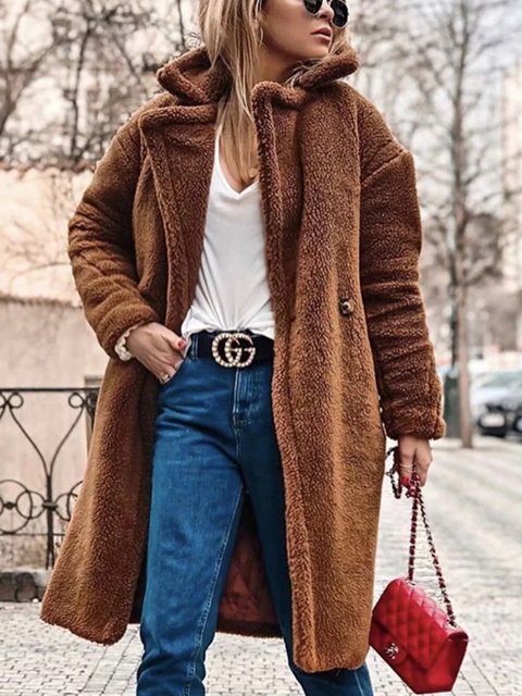 Brown Buttoned Long Sleeve Teddy Bear Winter Coats - JustFashionNow.com