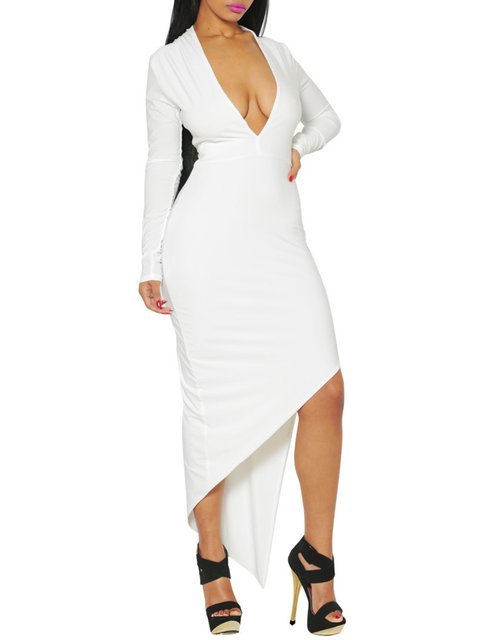 Deep V-Neck White Dress