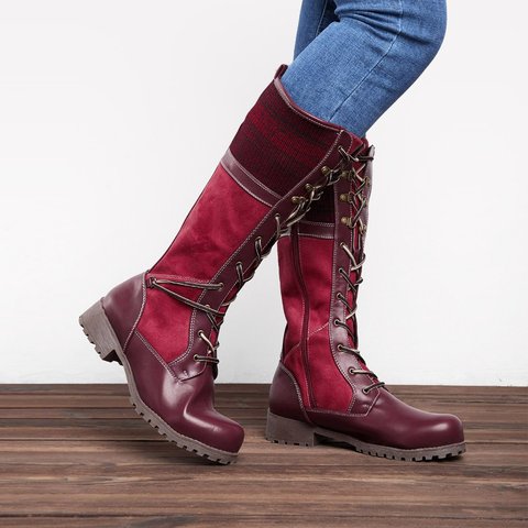 Justfashionnow Women S Boots Round Toe Panel Casual Low Heel Brown