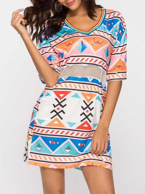 Exotic V Neck Printed Shift Casual Dress