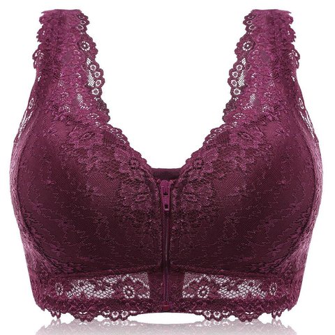 Front Zipper Soft Cotton Lining Gather Sexy Lace Wireless