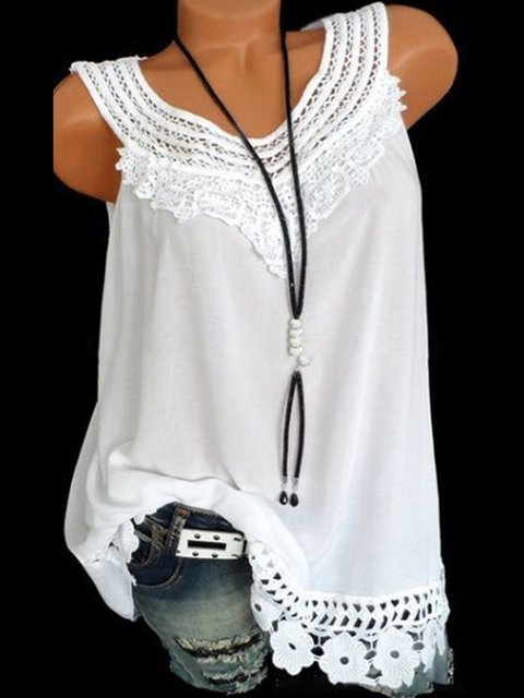 Plus Size Lace Cutouts Sleeveless Crew Neck Casual Camis ...