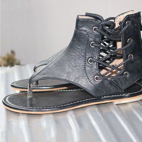 Solid Color Thong Lace-Up Flat Sandals