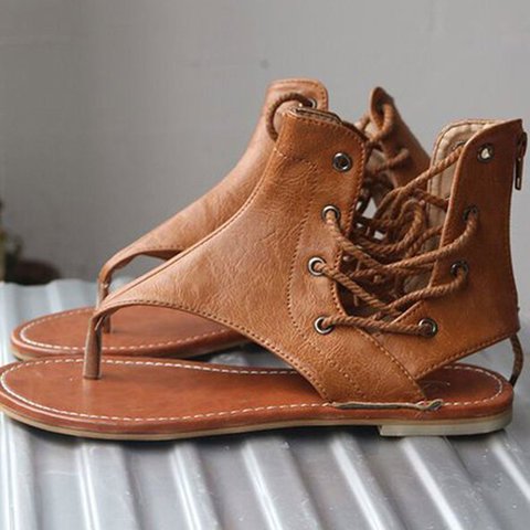 Solid Color Thong Lace-Up Flat Sandals