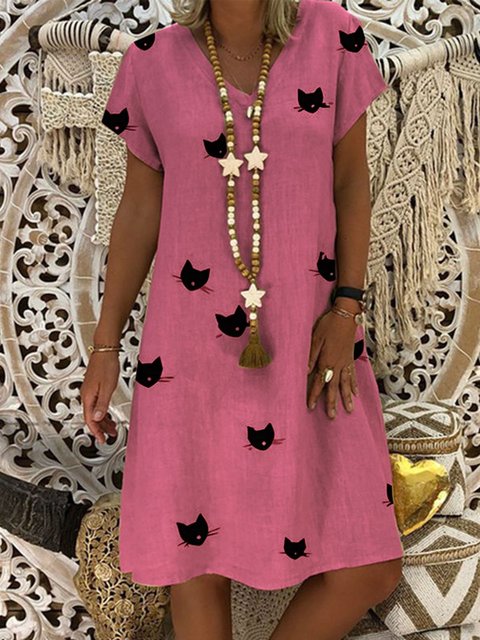 Summer Dresses Women Casual Cotton Animal Shift V Neck