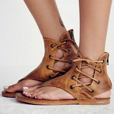 Solid Color Thong Lace-Up Flat Sandals