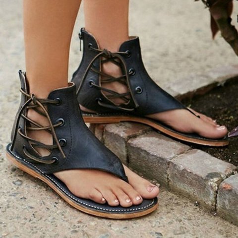 Solid Color Thong Lace-Up Flat Sandals