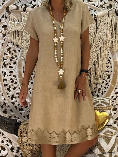 V Neck Women Dresses Shift Holiday Crochet-Trimmed Dresses