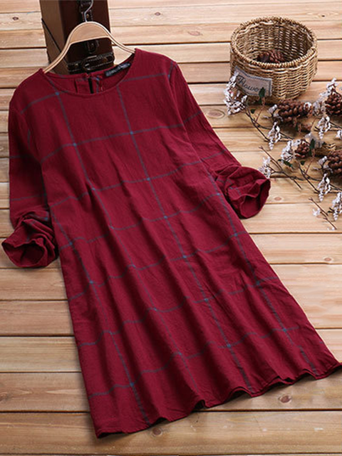 Crew Neck Women Dresses Shift Daily Linen Checkered/plaid Dresses