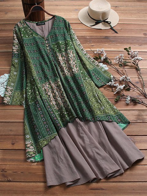 Vintage Floral Printed V-neck Buttoned Long Sleeve Dress
