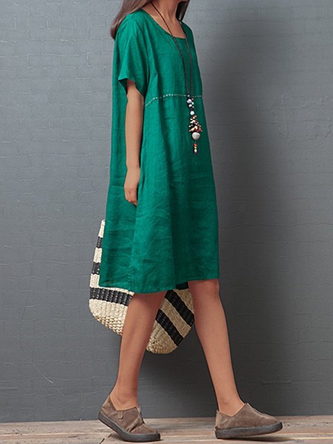 Plus Size Short Sleeve Round Neck Solid Casual  Midi  Dress