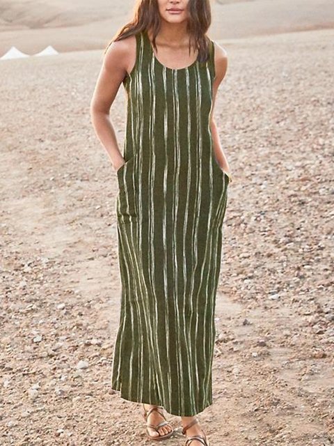 Casual Striped Sleeveless Pockets Maxi Dresses