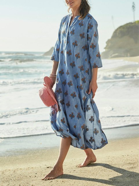 Printed casual cotton and linen dress