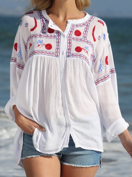 Floral Casual Cotton Blend Floral Embroidered Shirts Blouses