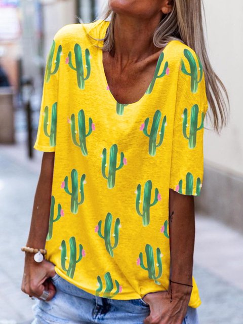 Cactus Print Casual T Shirts Women S Round Neck Short