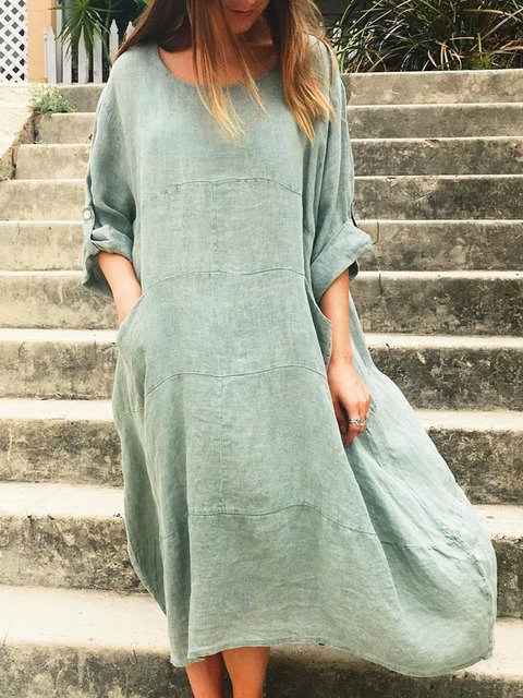 Plus Size Linen Solid Looses Women Midi Dresses