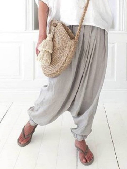 Light Gray Cotton Blend Plain Casual Pants Justfashionnow Com