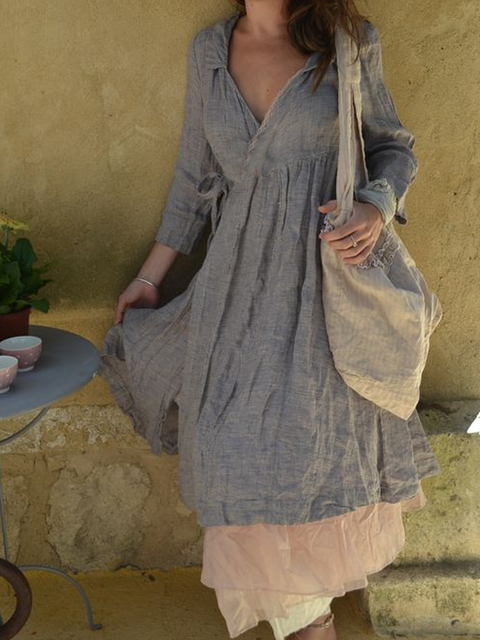 V Neck Gray Women Dresses Daily Linen Solid Dresses