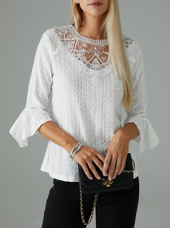 TAVIMART  -  Flower Embroidery White Eer Suits For Women Summer Crew Neck Lace-up Short Sleeve Blouse Casual Fashion Sheer Shorts 2 Piece Set