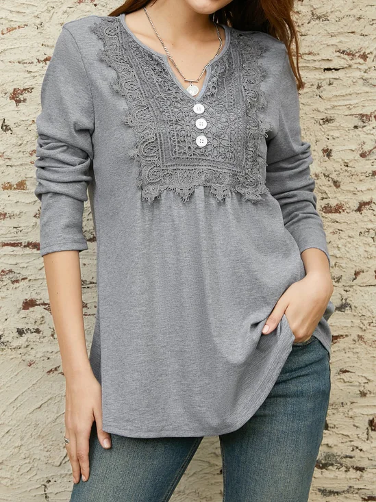 Lace Notched Casual Loose Ruched Blouse