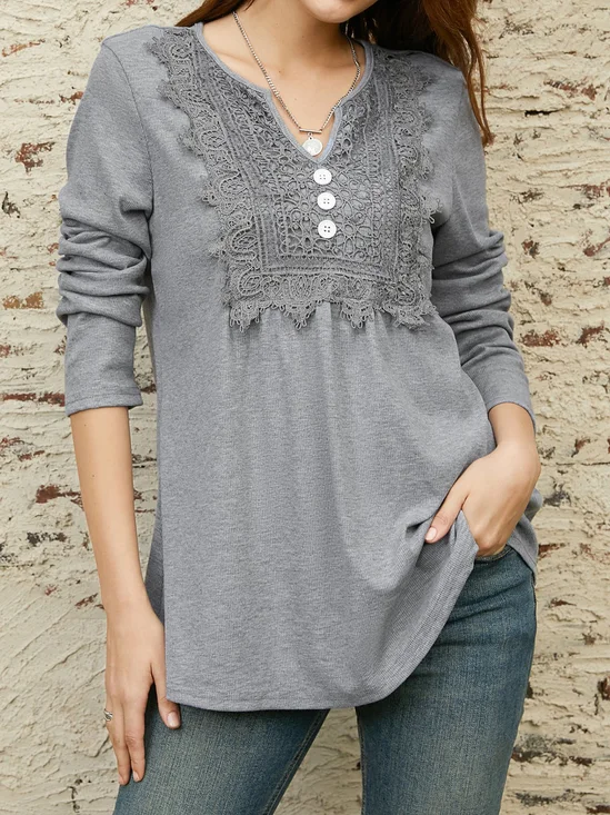 Lace Notched Casual Loose Ruched Shirt