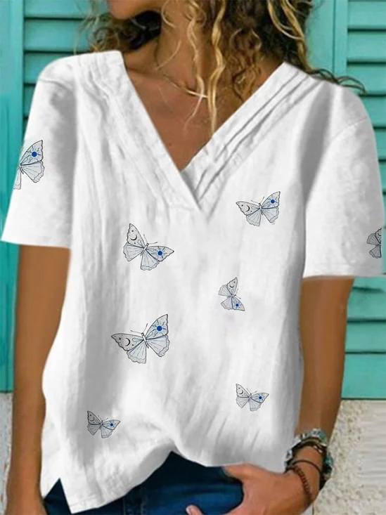 White Short Sleeve Butterfly V Neck Cotton T-shirt