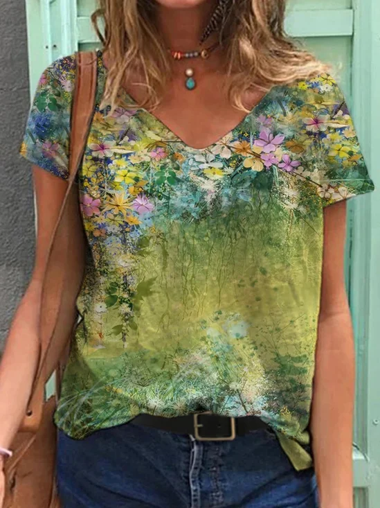Colorful Flower Painting V Neck Shift Floral Casual T-shirt