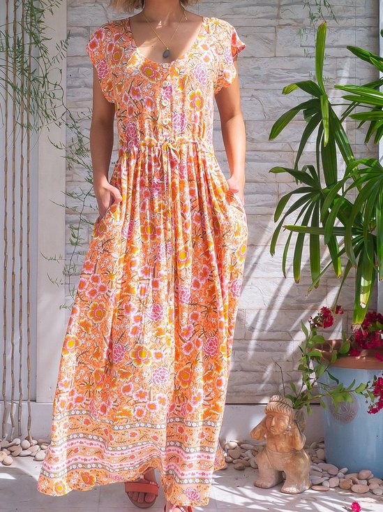 Vintage Boho Holiday Shift Ombre/tie-Dye Crew Neck Short Sleeve Weaving Dress NNq59