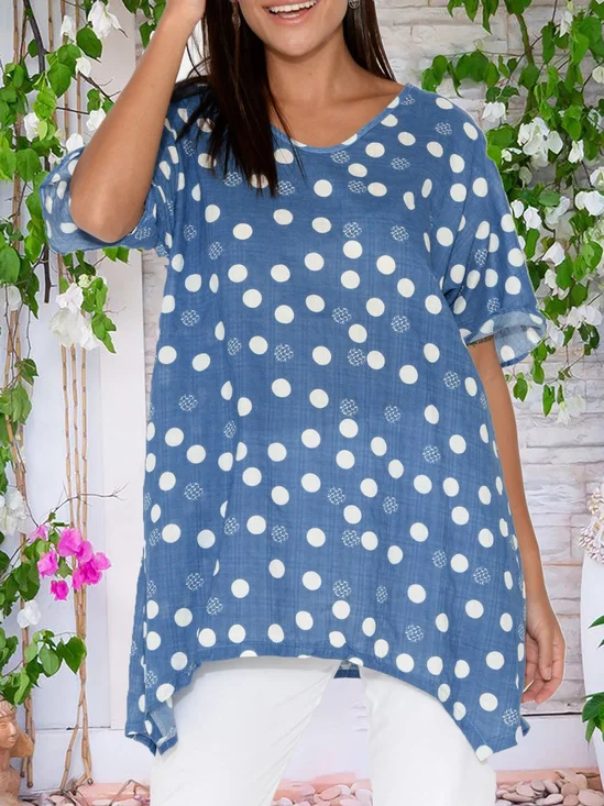 Blue White Polka Dots Printed Casual Short Sleeve Curved Hemline T-Shirts & Tops