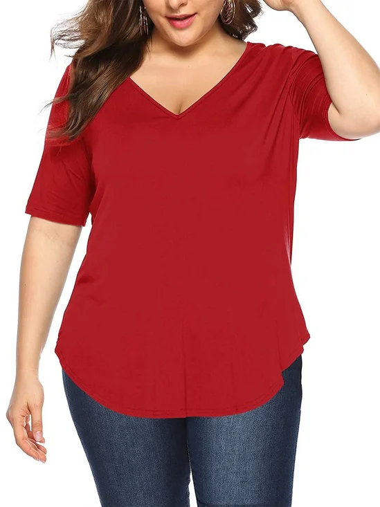 Cotton Solid V Neck Casual Tops