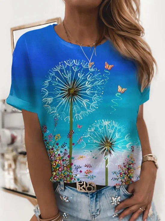 Casual Dandelion Butterfly Printed Short Sleeve T-shirt