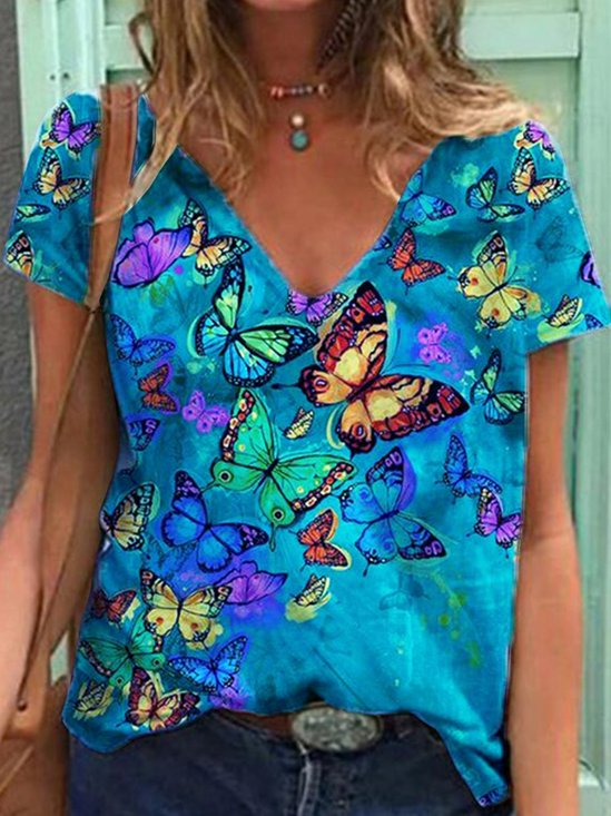Casual Butterfly Cotton-Blend Short Sleeve T-shirt