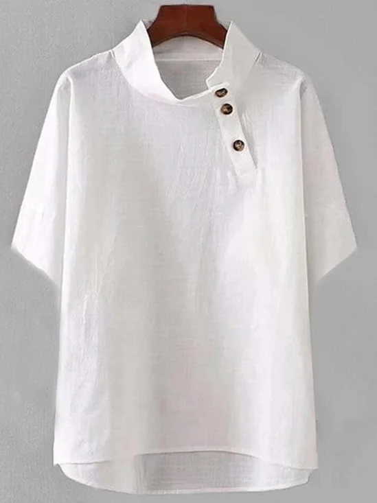 JFN Short Sleeve Cotton Solid Stand Collar Top