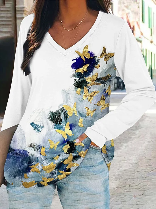Casual Butterfly Floral-Print Cotton-Blend Shirt & Top