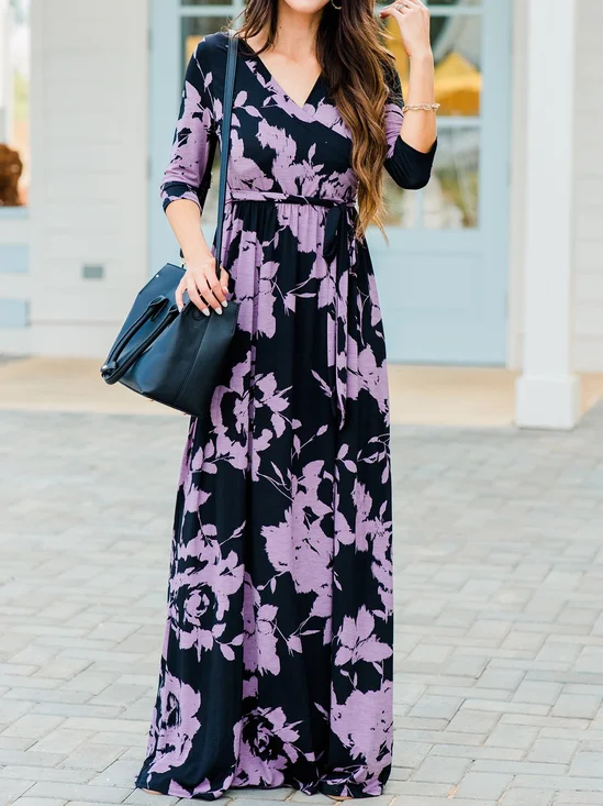 Casual Holiday 3/4 Sleeve Black Floral-Print Maxi Dresses