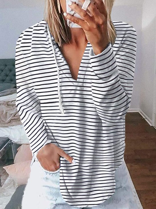 Hoodie Long Sleeve Cotton-Blend Stripes Shirts & Tops