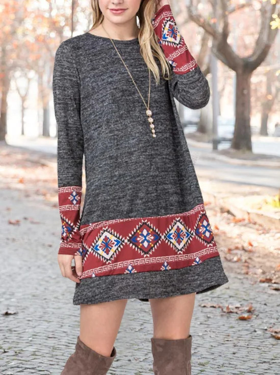 Retro A-type dress with ethnic pattern