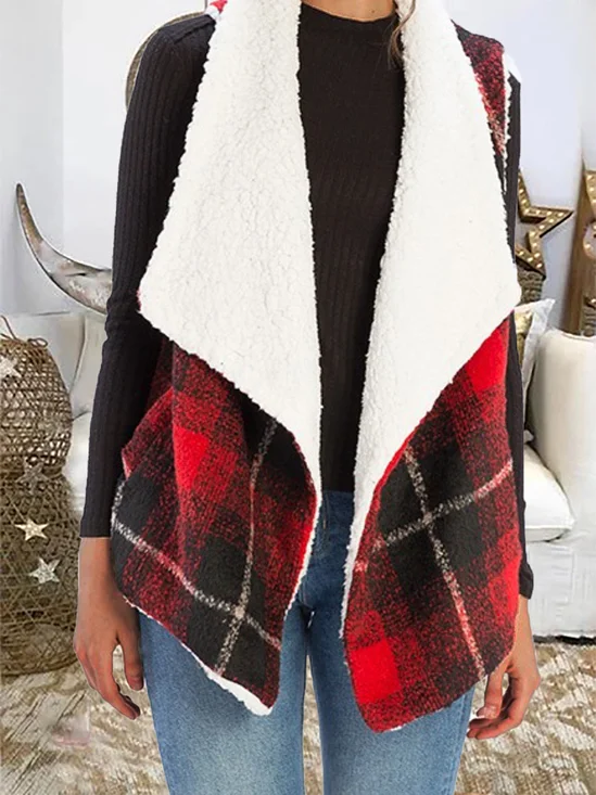 Red Plaid Casual Cozy Warm Lined Vests