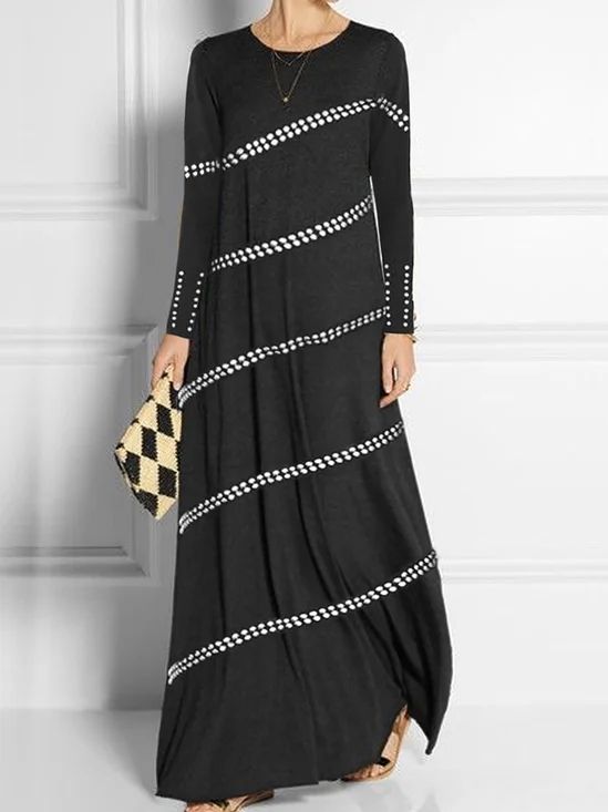 Fashion Geo Stripe Print Long Sleeve Round Neck Maxi Dresses